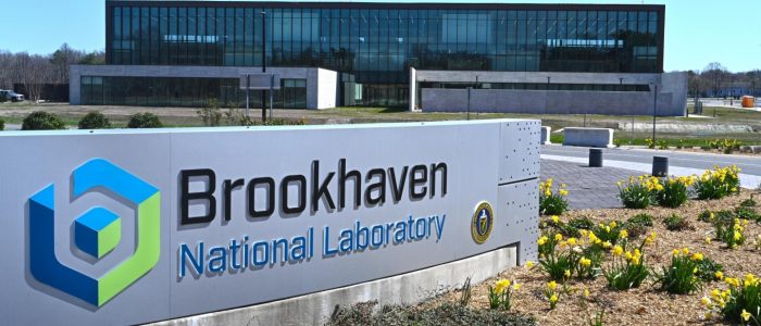 The Laboratory's main gate, Science & User Support Center in background. (Kevin Coughlin/Brookhaven National Lab)